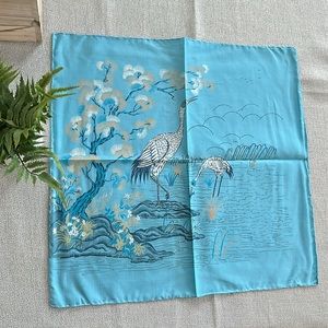 100% Silk Hand-Rolled Scarf With Birds Blue Made In Thailand NWT